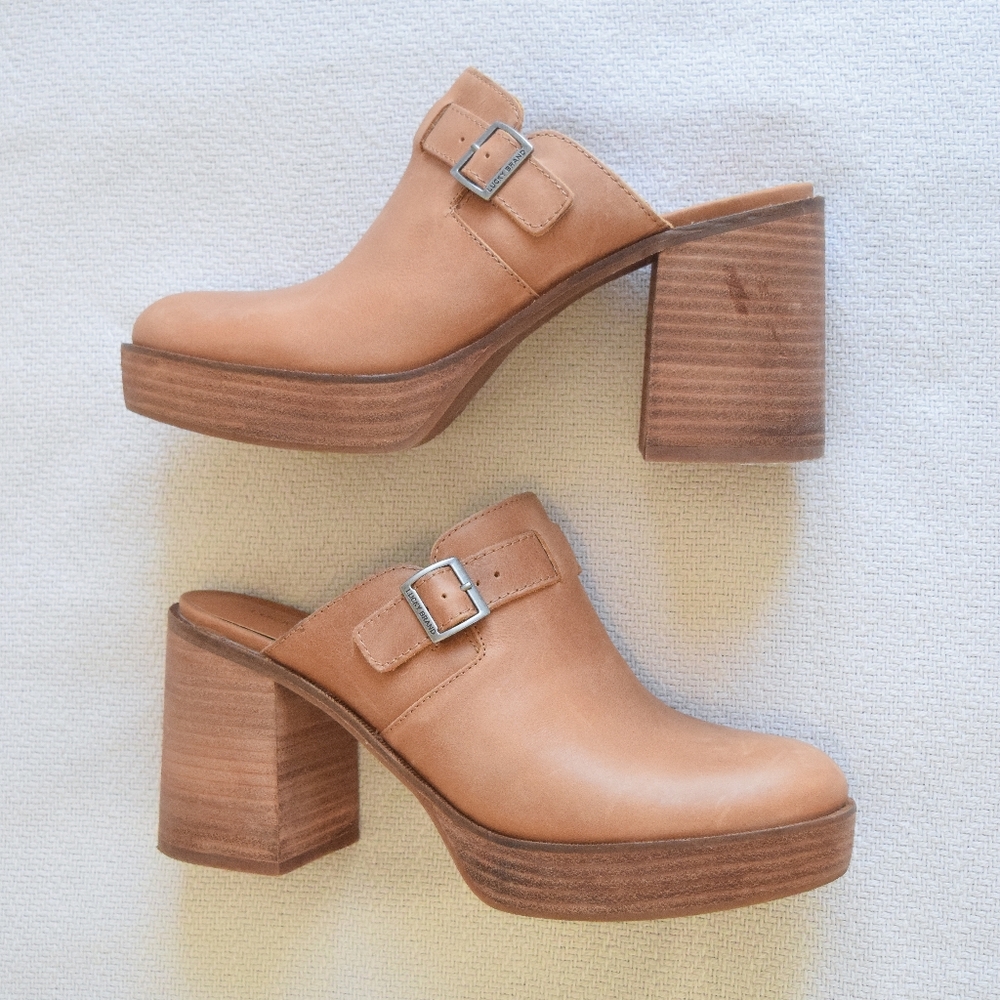 Lucky Brand Odibell brown platform high heel slip-on clog shoes w/ buckle strap
